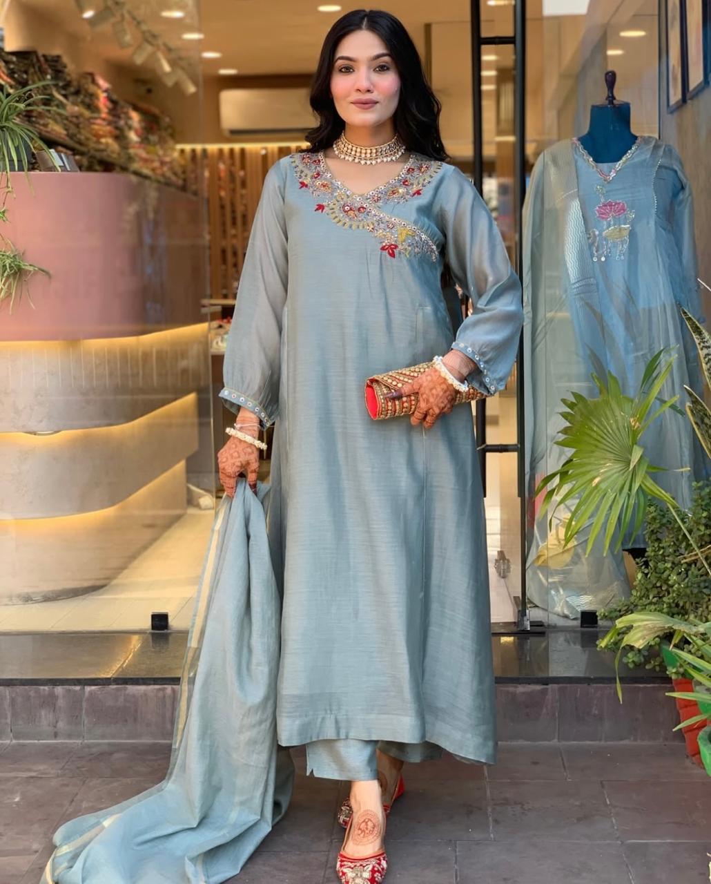 Embroidered Cotton Suit Set with Chanderi Dupatta – (BWCHACH01)