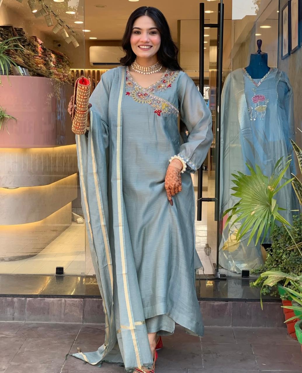 Embroidered Cotton Suit Set with Chanderi Dupatta – (BWCHACH01)