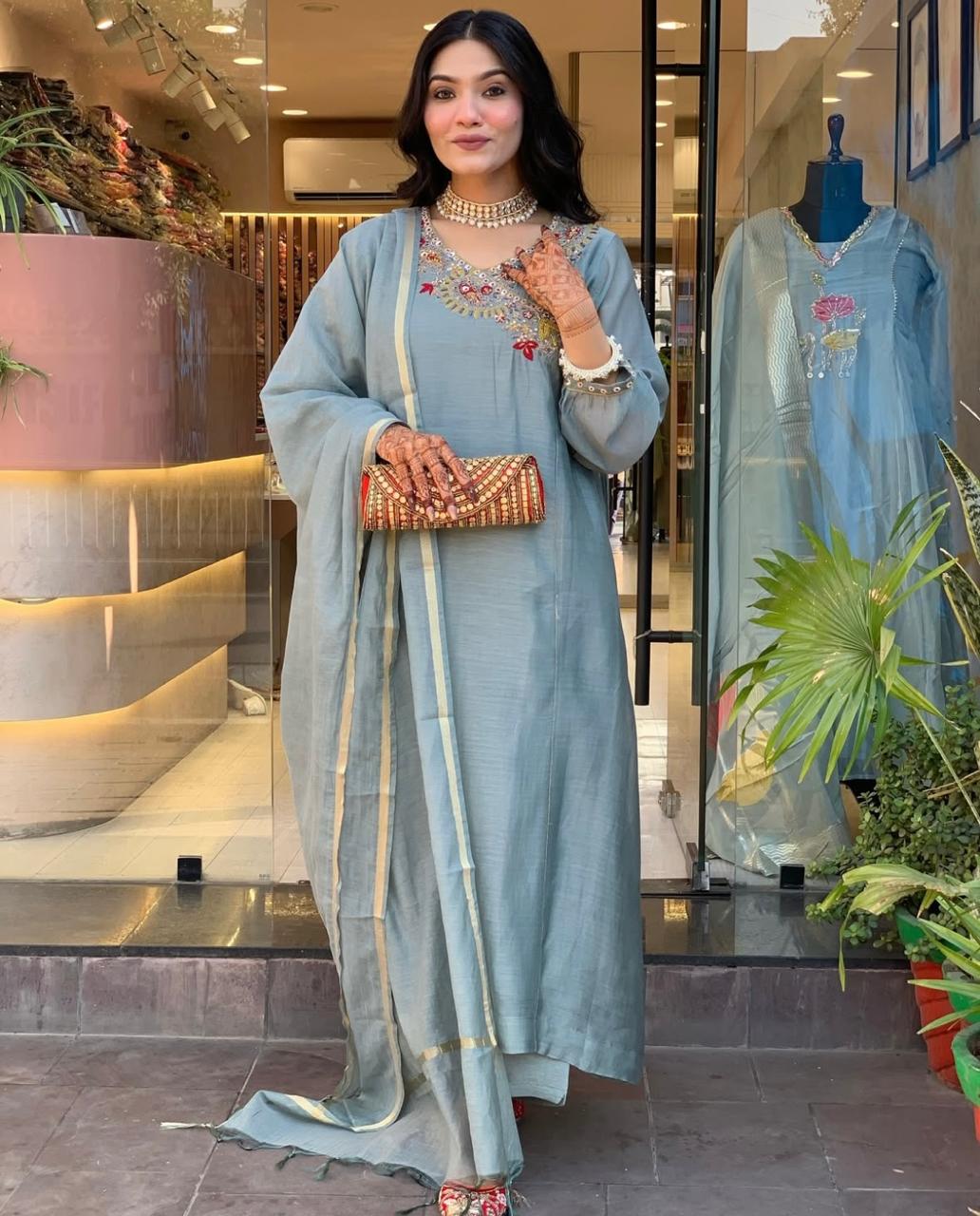Embroidered Cotton Suit Set with Chanderi Dupatta – (BWCHACH01)