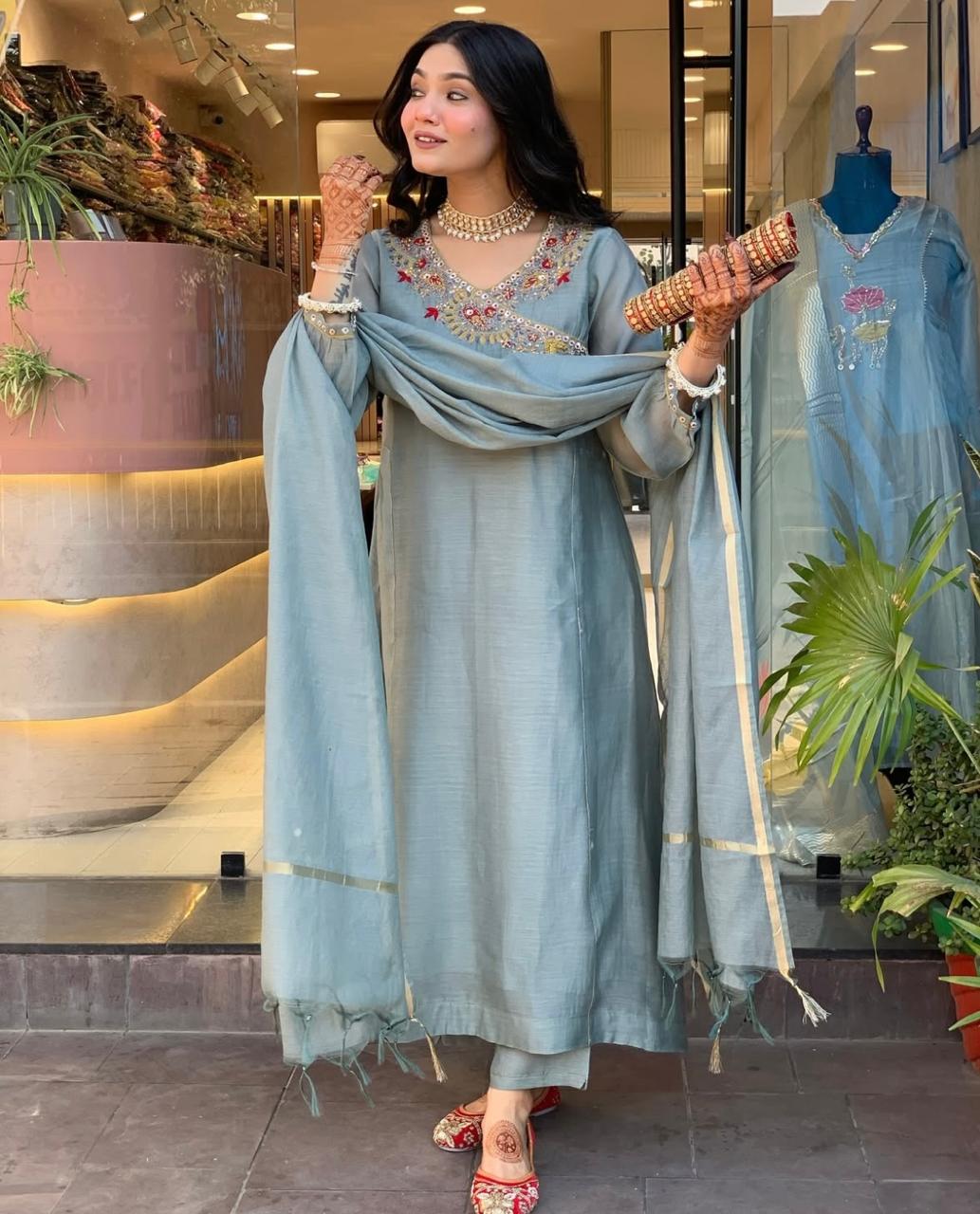 Embroidered Cotton Suit Set with Chanderi Dupatta – (BWCHACH01)