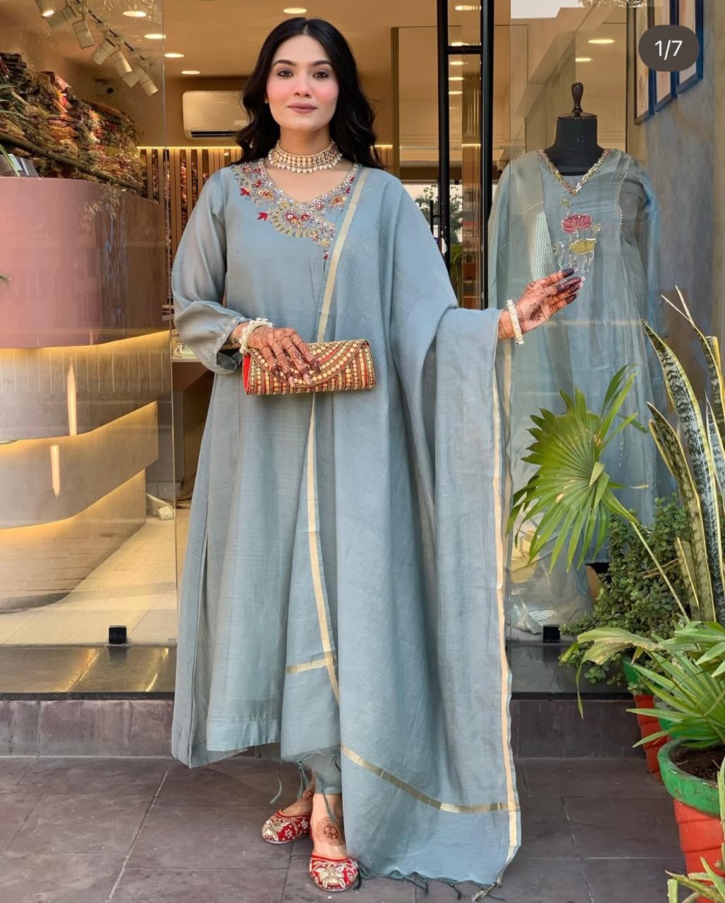 Embroidered Cotton Suit Set with Chanderi Dupatta – (BWCHACH01)
