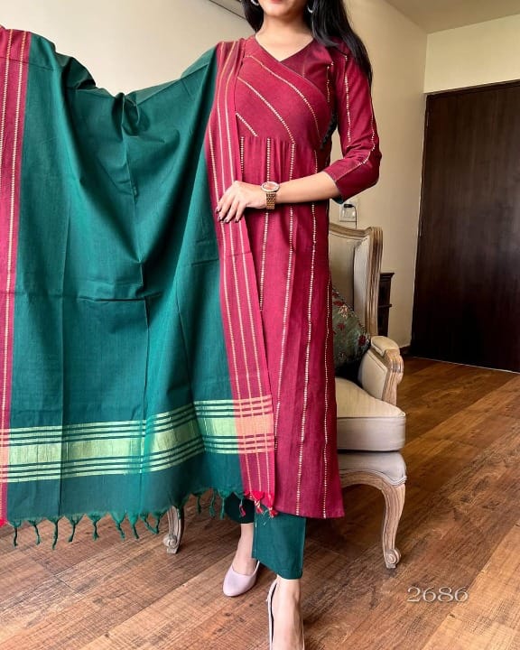 Elegant South Cotton Kurta Set with Self Zari Weaving (BWMU61)