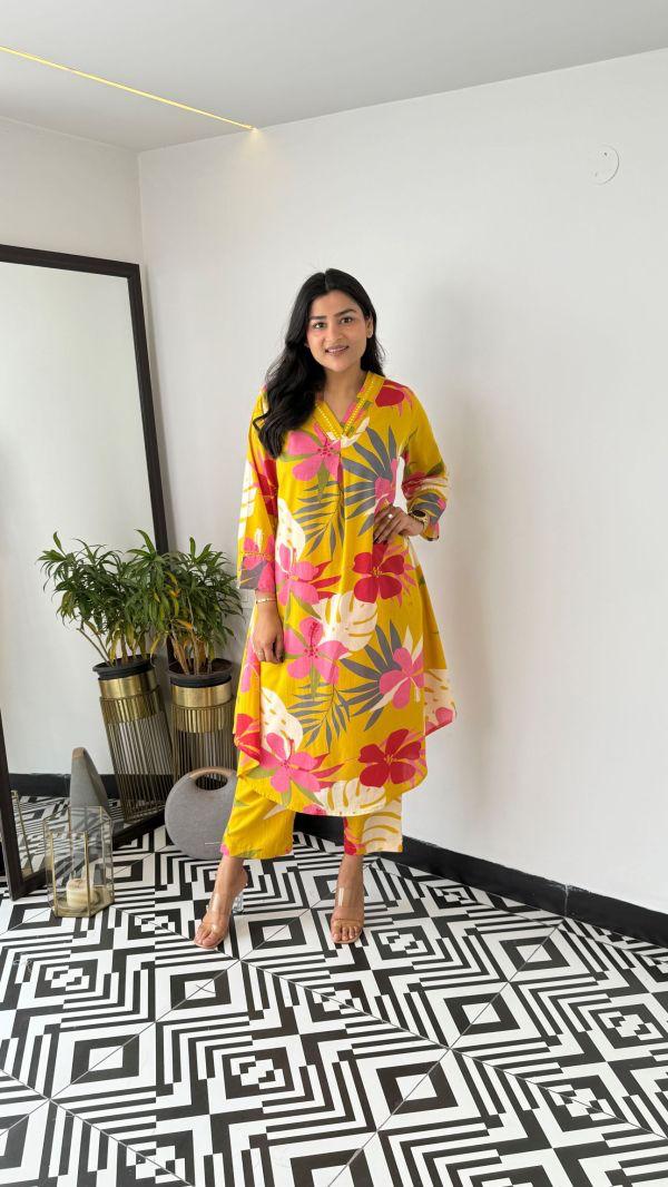 Cotton Floral Kurta Set with Lace Details (BWKS25)