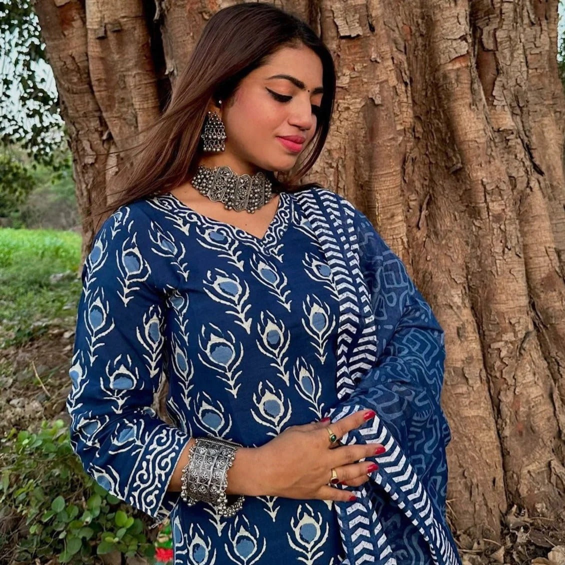 Indigo Cotton Kurti Set with Mulmul Dupatta (BWMU82)