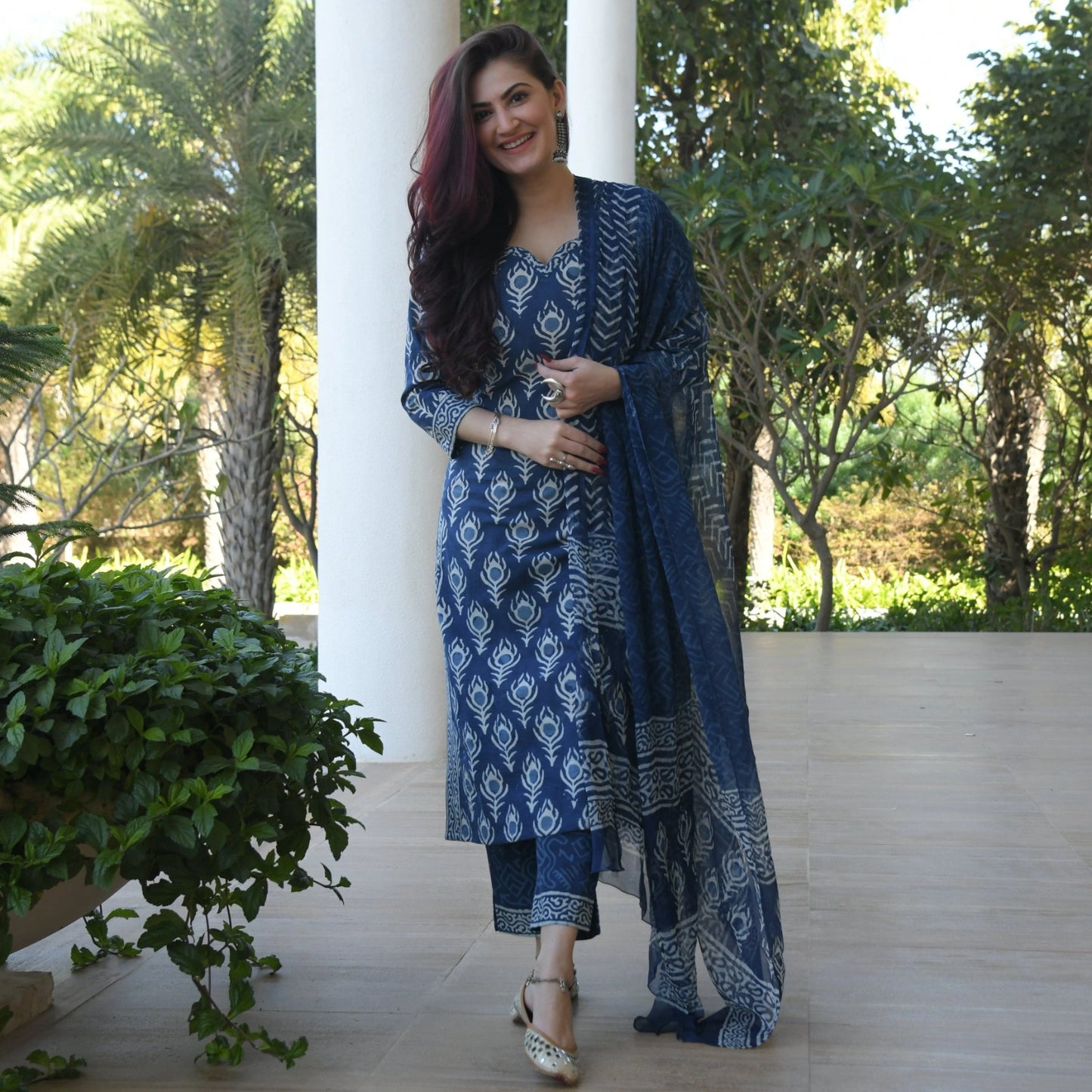 Indigo Cotton Kurti Set with Mulmul Dupatta (BWMU82)