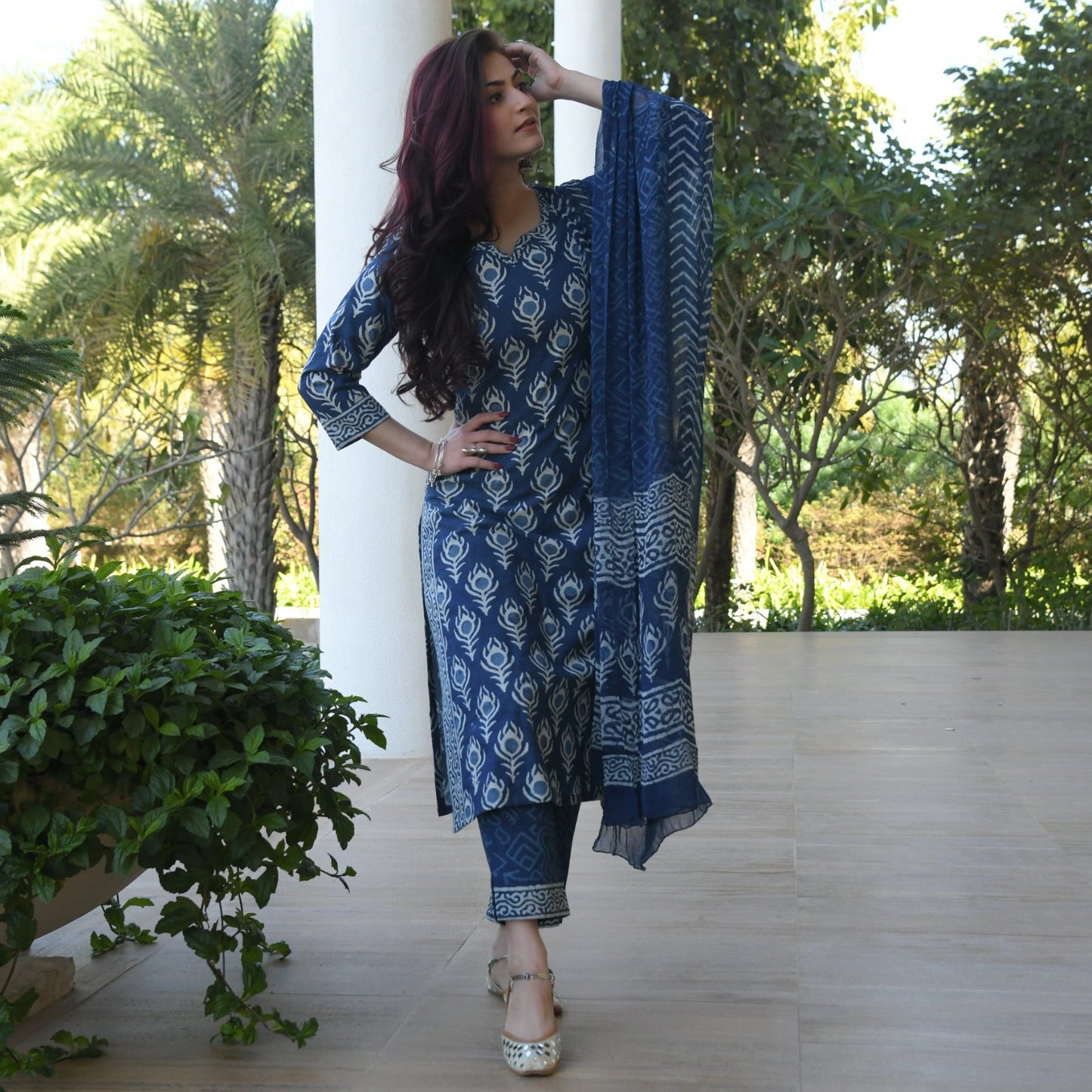 Indigo Cotton Kurti Set with Mulmul Dupatta (BWMU82)