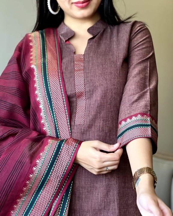 Festive Ready – South Handloom Kurta Set with Zari Touch Dupatta (BWMU64)
