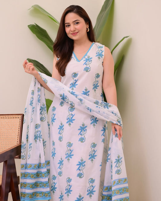 Exclusive Cotton Kurti Set with Neck Lace Work & Cotton Dupatta (BWMU17)