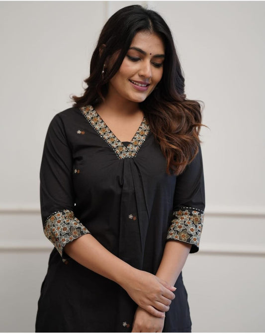 Monochrome Black Cotton Kurti Set with Embroidery Detailing (BWKS19)