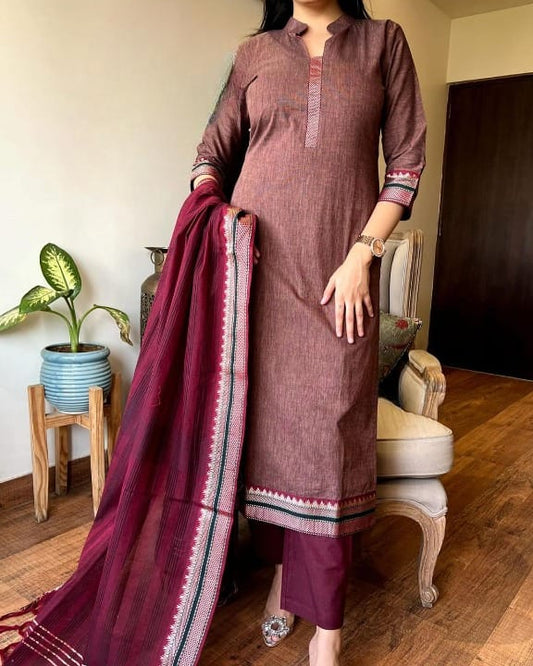Festive Ready – South Handloom Kurta Set with Zari Touch Dupatta (BWMU64)