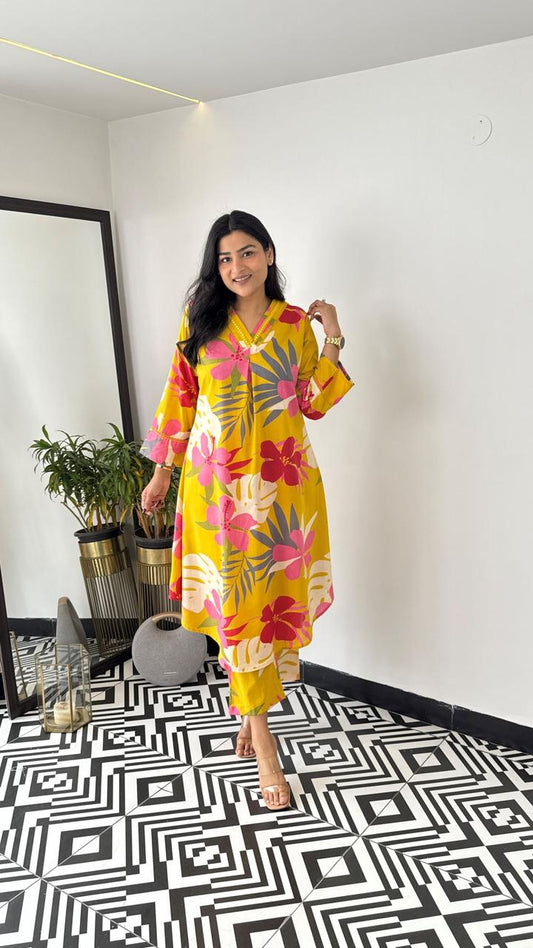 Cotton Floral Kurta Set with Lace Details (BWKS25)