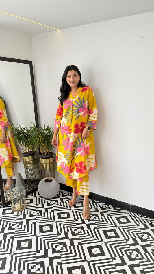 Cotton Floral Kurta Set with Lace Details (BWKS25)