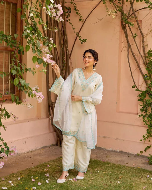 Premium Hand-Embroidered Chanderi Sharara Suit with Sequin Lace Dupatta (BWCHACH11)