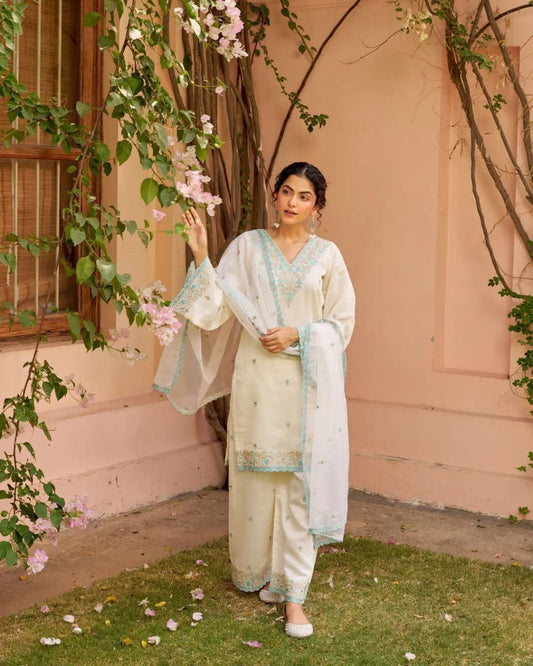 Premium Hand-Embroidered Chanderi Sharara Suit with Sequin Lace Dupatta (BWCHACH11)