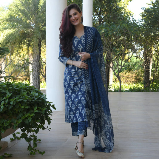 Indigo Cotton Kurti Set with Mulmul Dupatta (BWMU82)