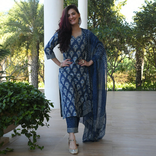 Indigo Cotton Kurti Set with Mulmul Dupatta (BWMU82)