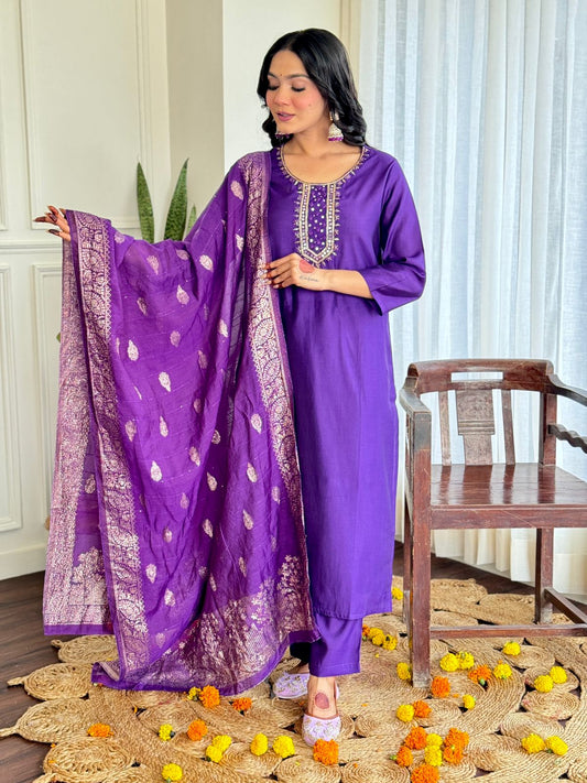 Wedding-Ready Roman Silk Suit with Handwork & Chanderi Dupatta (BWCHACH05)