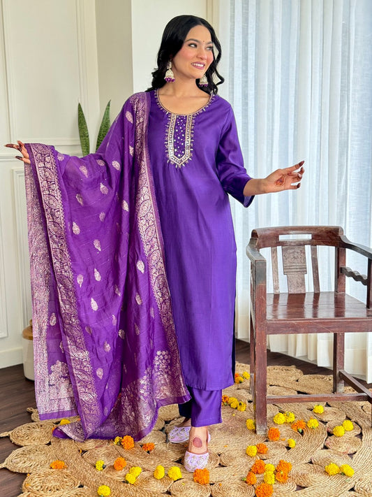Wedding-Ready Roman Silk Suit with Handwork & Chanderi Dupatta (BWCHACH05)