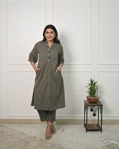 Bold Cotton Slub Co-Ord Set with Collar Embroidery (BWCS56)