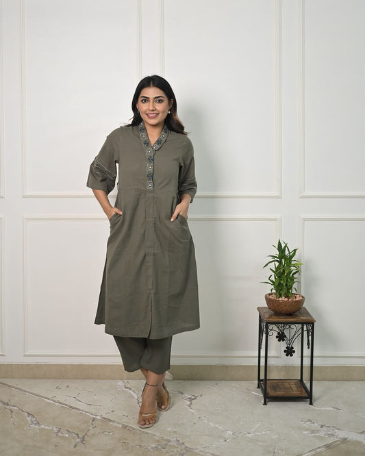Bold Cotton Slub Co-Ord Set with Collar Embroidery (BWCS56)