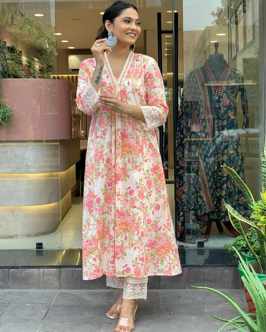 Embroidered Anarkali Cotton Suit Set with Cotton Dupatta (BWMU81)