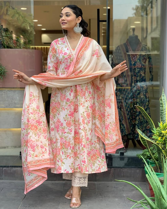 Embroidered Anarkali Cotton Suit Set with Cotton Dupatta (BWMU81)