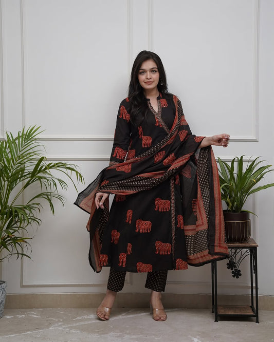 Premium Cotton Suit with Cotton Dupatta – Elegant Elephant Print & Sequin Neckline Work (BWMU79)