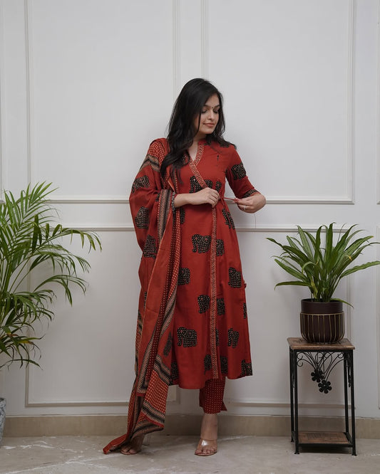 Hand Block Cotton Suit with Dupatta – Festive Elephant Design (BWMU80)
