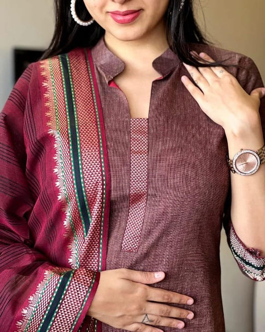 Festive Ready – South Handloom Kurta Set with Zari Touch Dupatta (BWMU64)